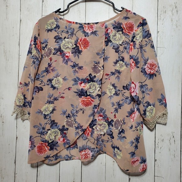 Marisol Womens Floral Blouse Size Large Tan Crochet Sleeve Sheer Lightweight - Picture 2 of 5
